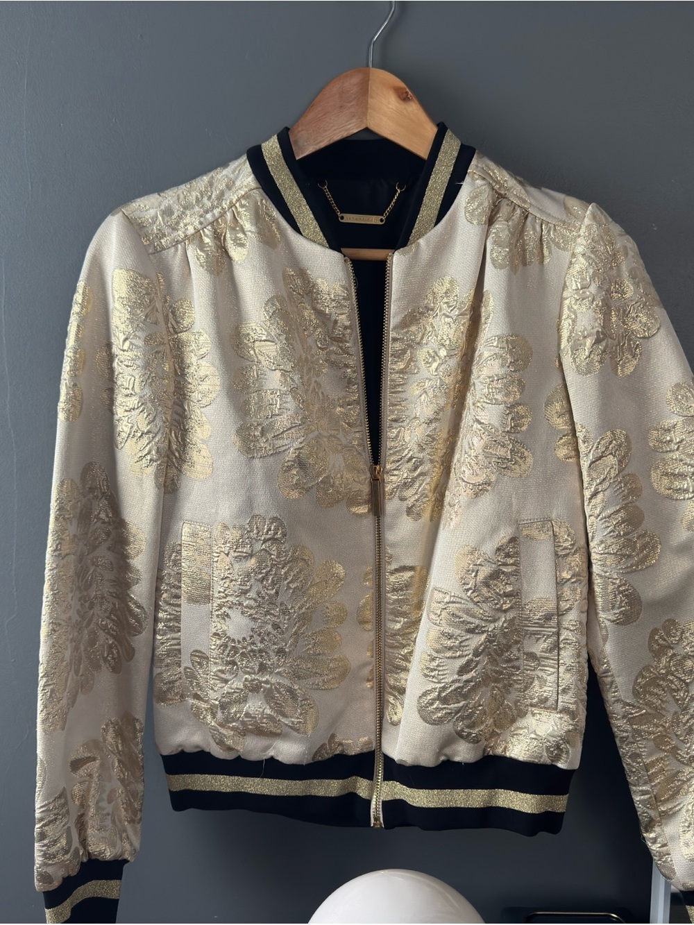 AUTHENTIC TRINA TURK Gold Metallic Floral Bomber Jacket